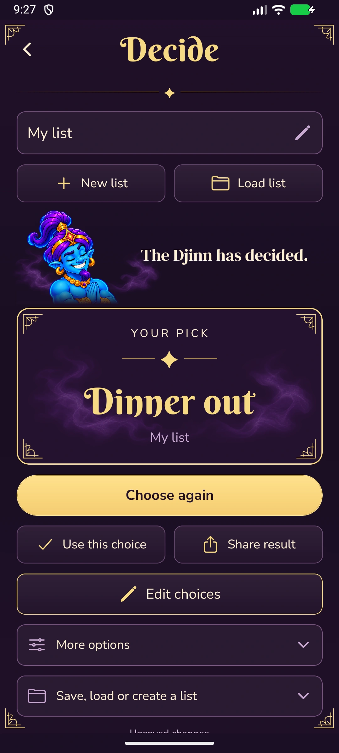 Real Decide result screen with Dinner out selected