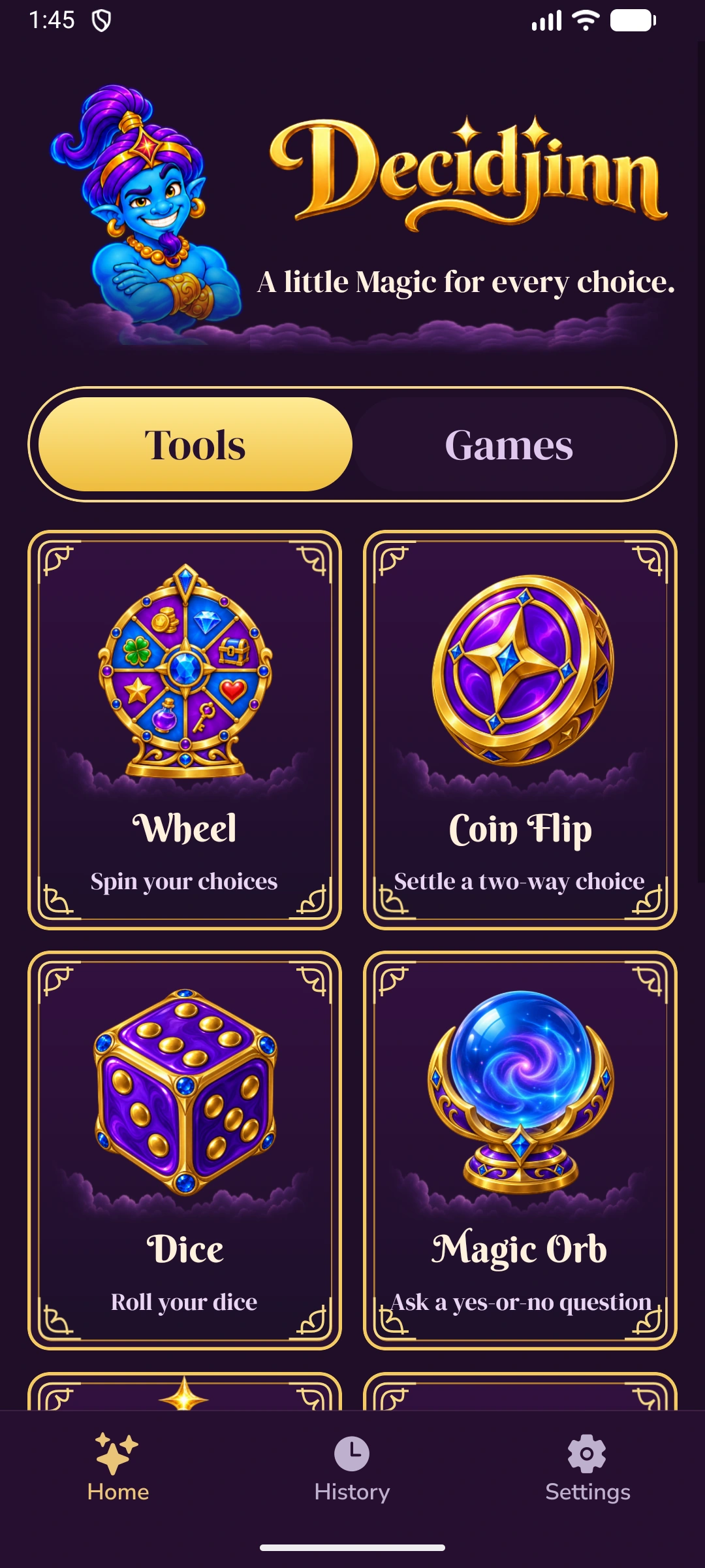 Decidjinn Home screen showing the Tools and Games switcher and choice tools