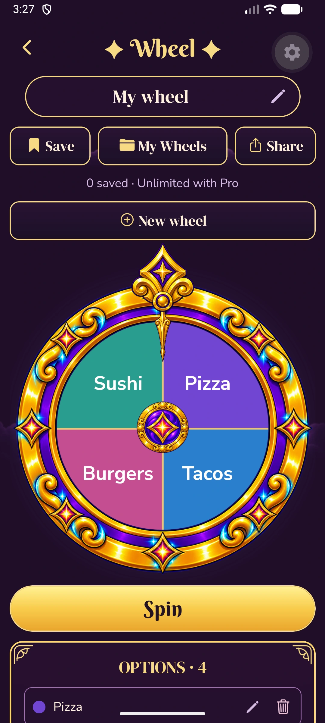 Real Wheel screen with four dinner options